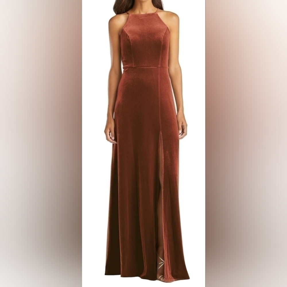 Lovely Harper Velvet Halter Maxi Dress with Front Slit size 0 in Auburn Moon
